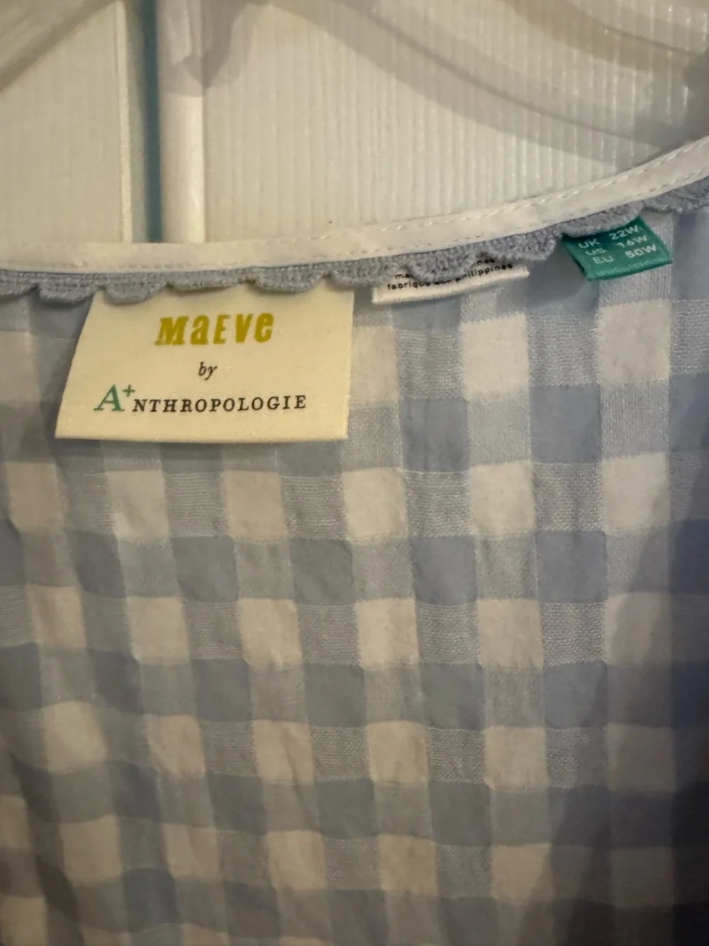Anthropologie Light Blue and White Gingham Button-Front Tie-Waist Blouse
